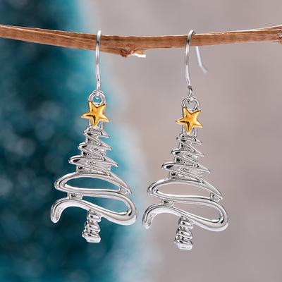 1 Paire Boucles d'Oreilles Pendantes Simples et Élégantes en Forme d'Arbre de Noël Pour Femmes Style Métal Étoile Jaune Bijoux de Fête Exquis pour Femmes