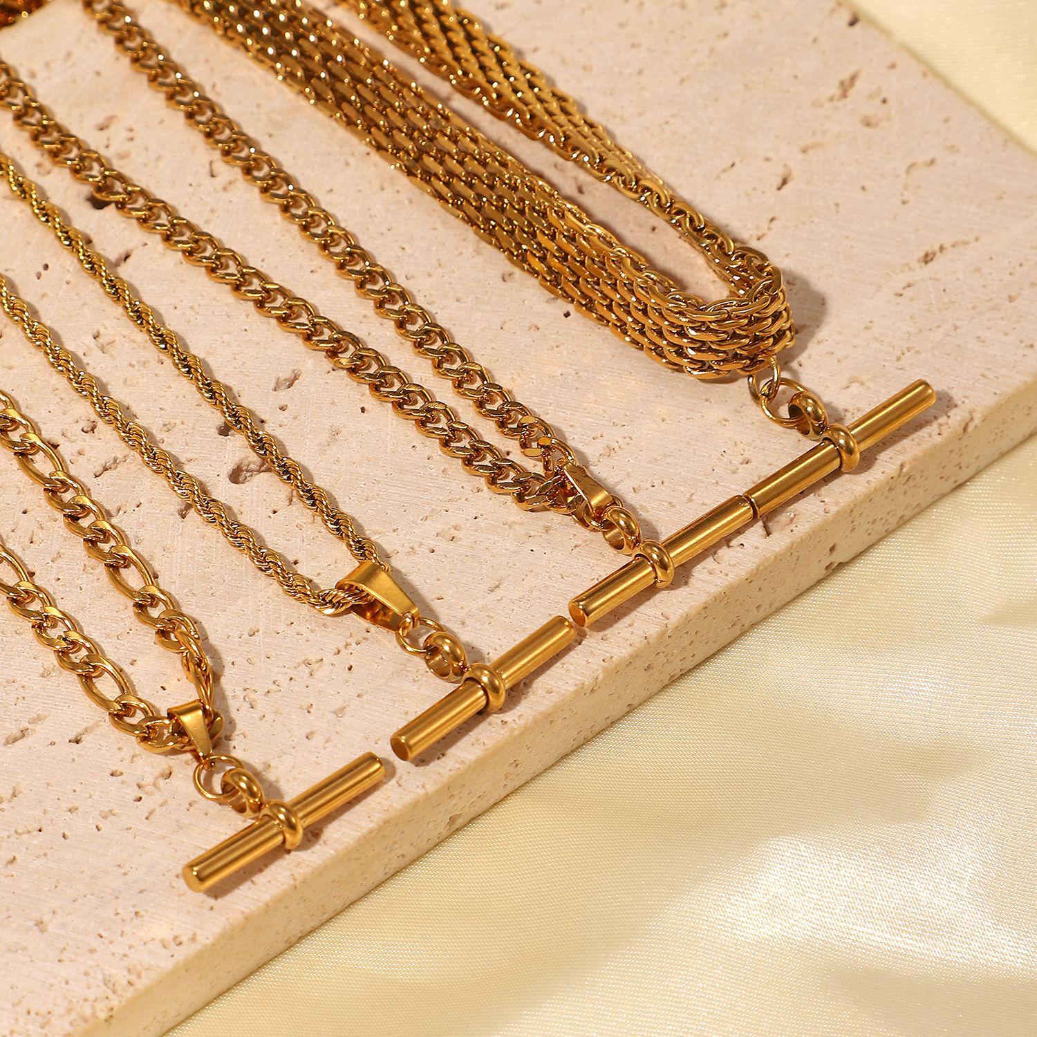 

18K Gold Stainless Steel T-Bar Pendant Choker Necklace - Figaro, Cuban, or Rope Chain Options, European & American Punk Hip Hop Style