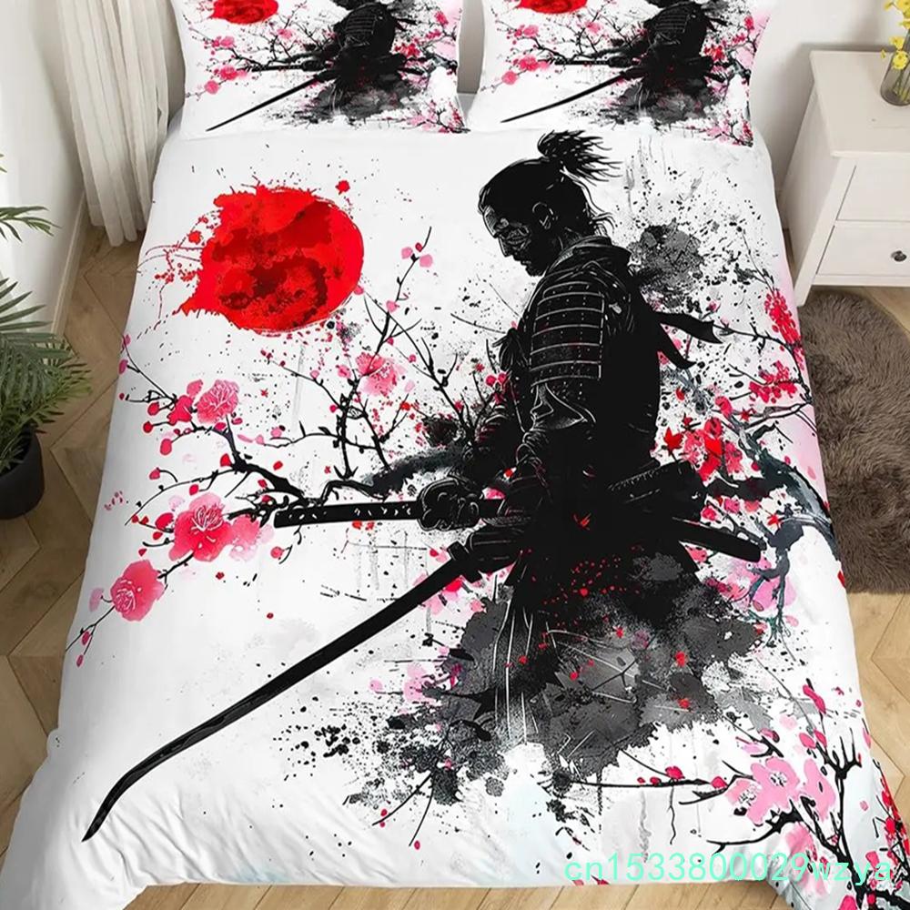 Japanese Samurai Bedding Set Full Size Cherry Blossoms Comforter Cover Red Sun Hokusai Duvet Cover Fuji Mountain Quilt Cover