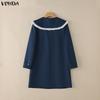 VONDA Women Elegant Big Lapel Neck Long Sleeve Stitching Casual Mini Dress