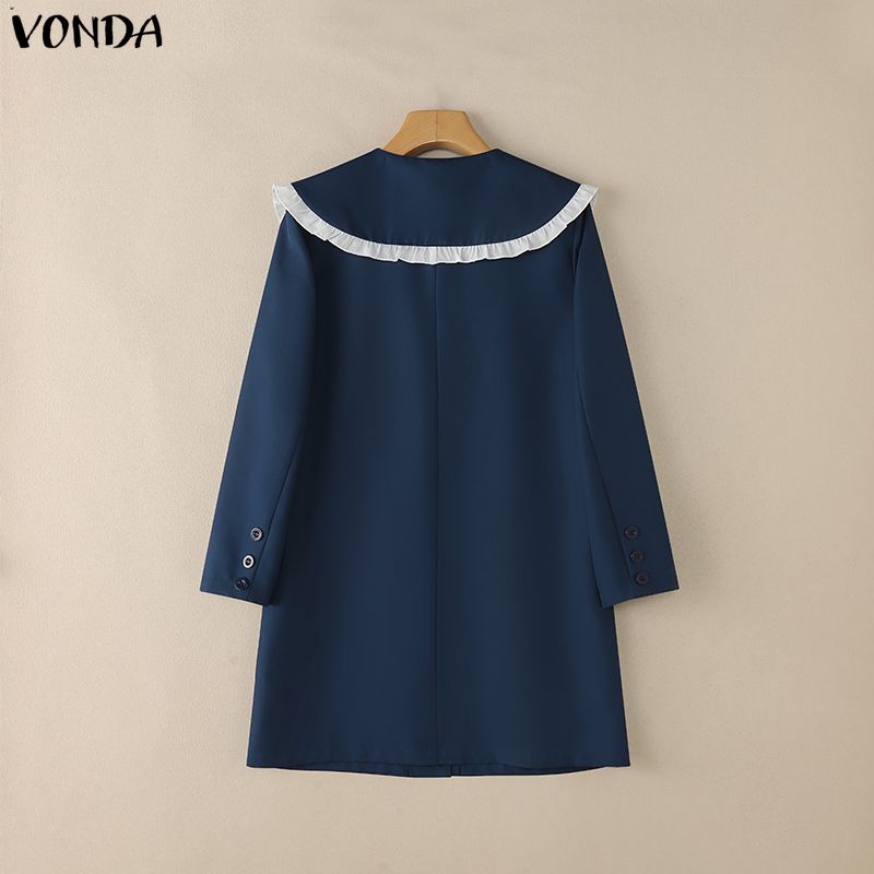 VONDA Women Elegant Big Lapel Neck Long Sleeve Stitching Casual Mini Dress