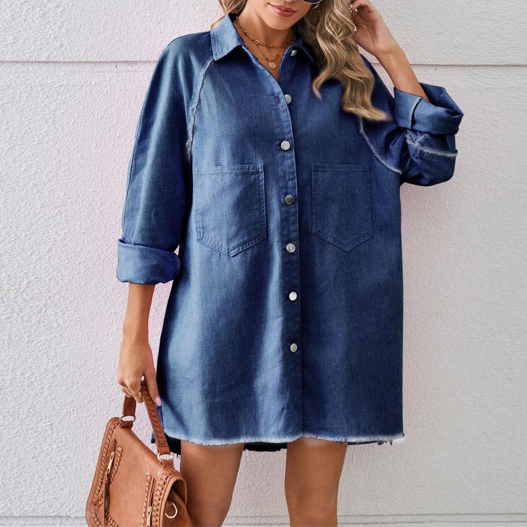 Γυναικεία μόδα casual μονόχρωμο Vintage πλυμένο τζιν Loose casual μακρυμάνικο μπλουζάκι