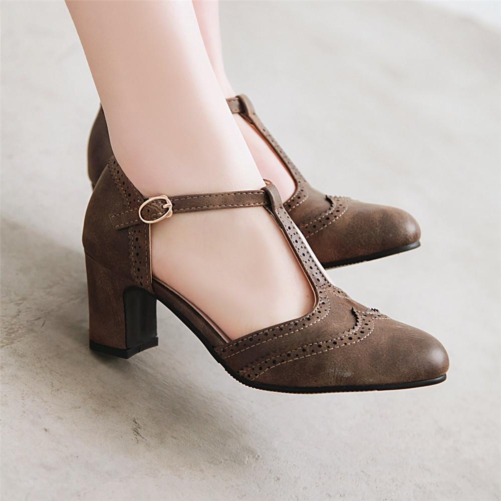 Fashion 2025 Vintage PU Leather Women's Shoes Rome Style Splice Pointed Toe Buckle T-strap Ladies High Pumps Plus Size 32-43