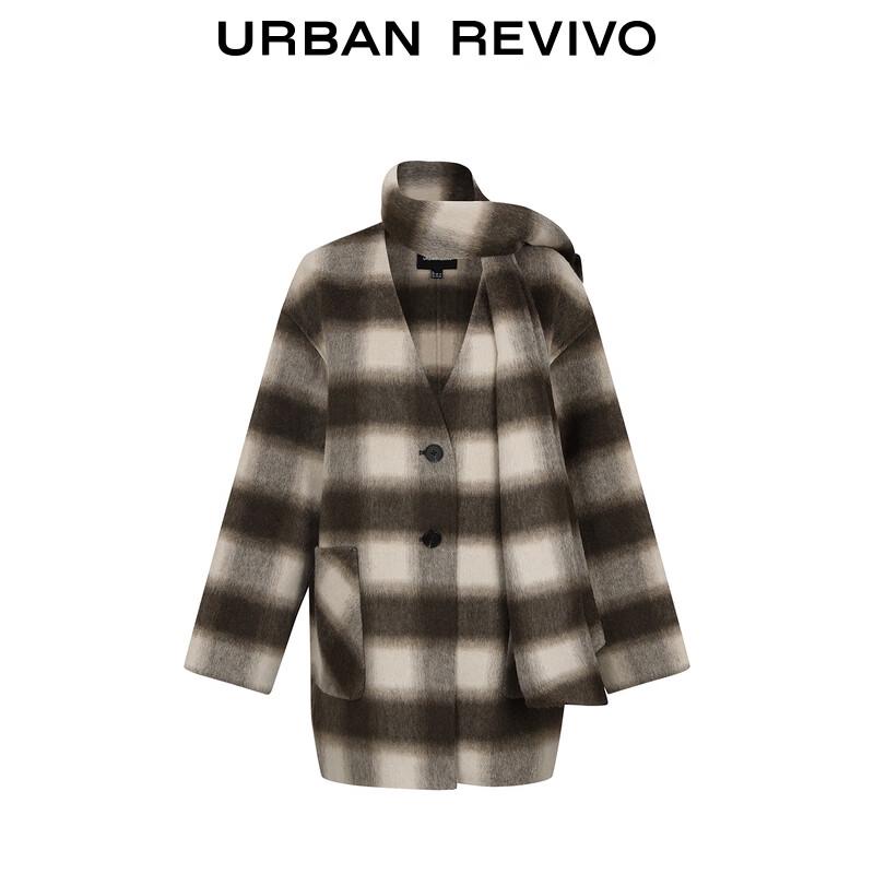 UR 2025 Winter Women's Scarf Collar Plaid Coat