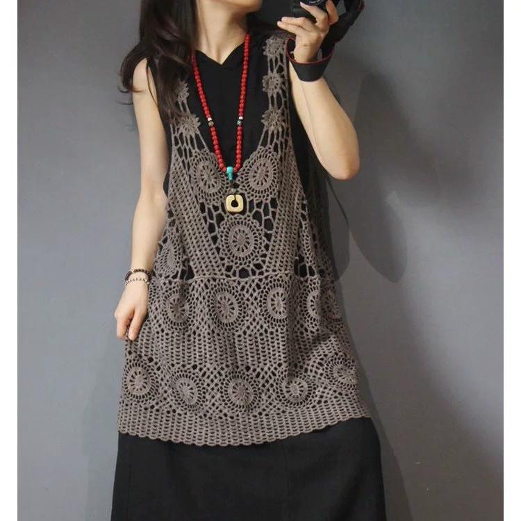 Women's Long Crochet Khaki Vest - Retro Loose Summer Waistcoat