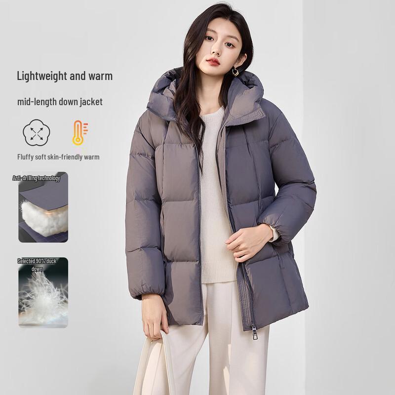 HSTYLE Women s Mid-Length White Duck Down Hooded Puffer Jacket L