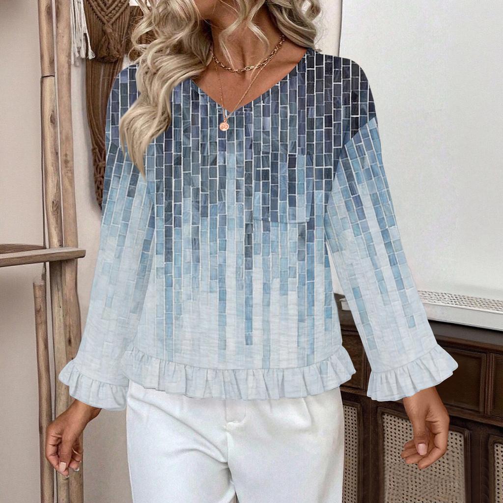 Women's Casual Fashion Ruffle V-Neck Pocket Retro Print Long Sleeve Top