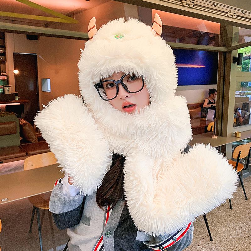 Cartoon Welpen Plüschmütze mit Schal und Handschuhen Set - Langohr-Design