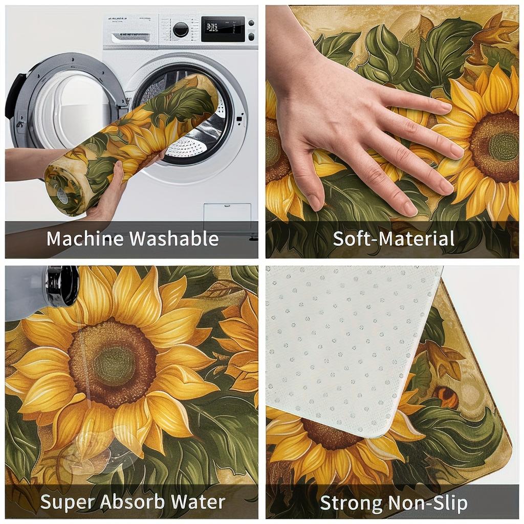 1 Stück Anti-Ermüdungs-Küchenteppiche, Sonnenblumen-Print Wasserdicht Rutschfest Dick Gepolsterte Küchenmatte Strapazierfähige Komfort-Standmatte für die Küche