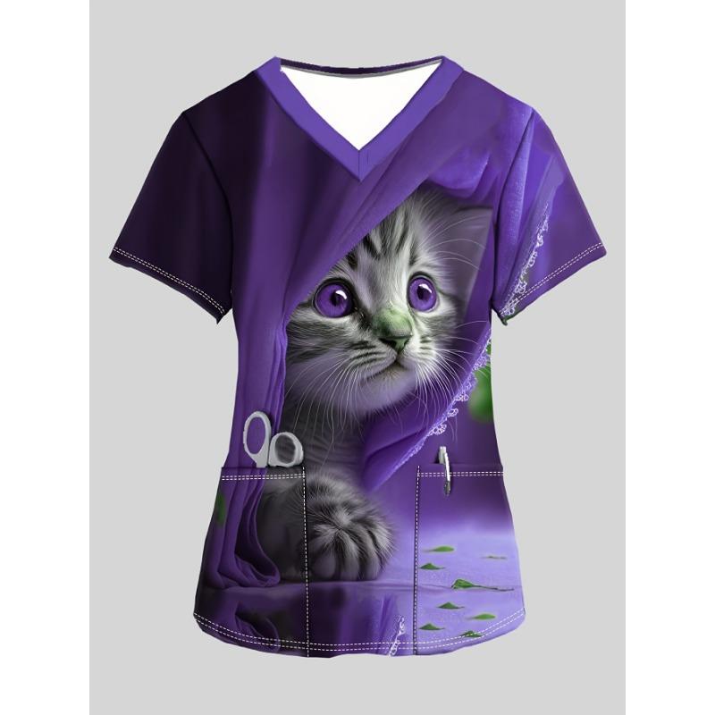 

Женский хирургический халат с V-образным вырезом и милым принтом кота, топы с коротким рукавом, дышащая полиэстеровая униформа медсестры, хирургический халат медсестры 8XL
