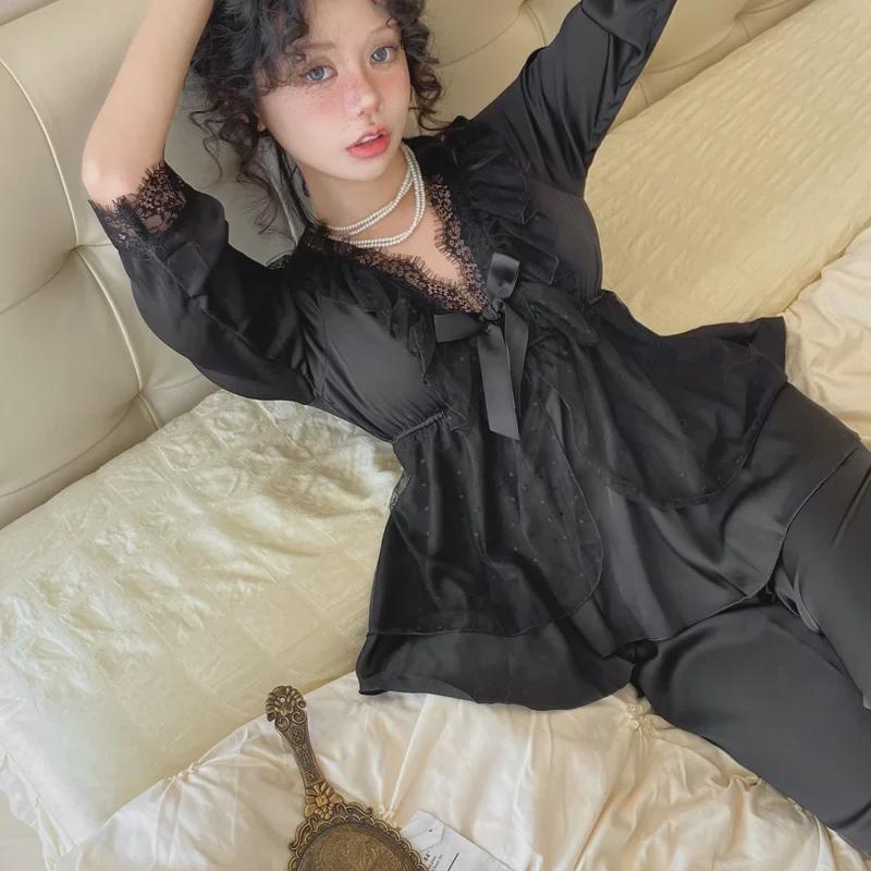 "Letní pyžamový set z ledového hedvábí": Dámský top s 3/4 rukávem a kalhoty se saténovou krajkou, princeznovský styl"