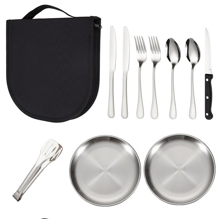 20Pcs Portable Stainless Steel Tableware Set Knife Fork Spoon Plate for Camping Picnic