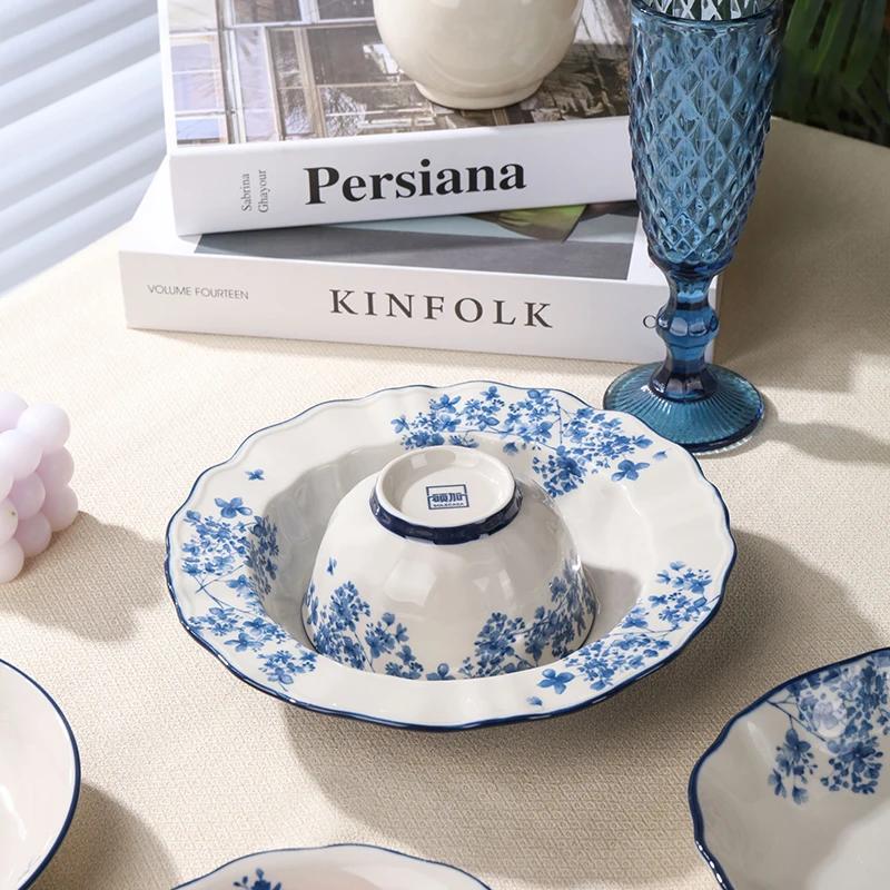 Chinese Ceramic Bowls Plates Retro Tableware Ramen Bowl Steak Dish Dessert Salad Plate Dinnerware Household Decor