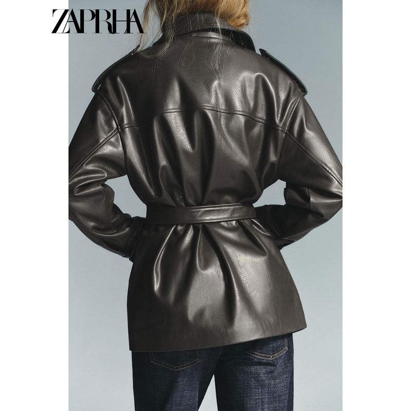 Zaprha 2025 Autumn New Lapel Long Sleeve Strap Pocket Decoration Imitation Leather Jacket All-Match Outerwear 4341766