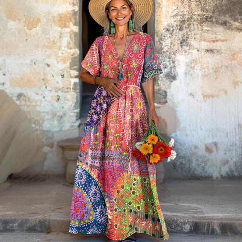Creative Floral V-Neck Short-Sleeved Summer Dress (2025) XS