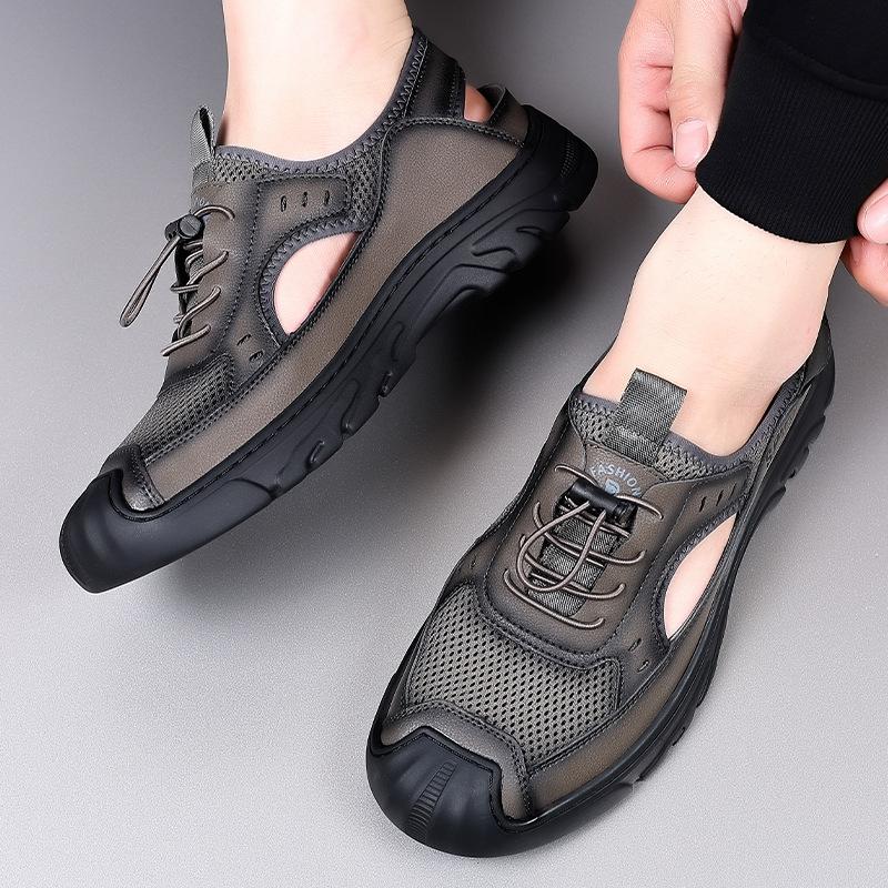 2025 summer new bag head sandals men's mesh casual beach shoes mesh breathable thick-soled hole shoes men