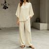 Women's Fashion Casual Summer Spring Solid Color Print 3/4 Sleeves V-Neck Trousers Pants Suits