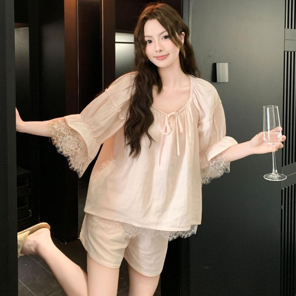 [100% Cotton] Spring and Summer New Sweet Girl Style Loungewear Short-sleeved Shorts Solid Color Pure Cotton Pajamas Cover