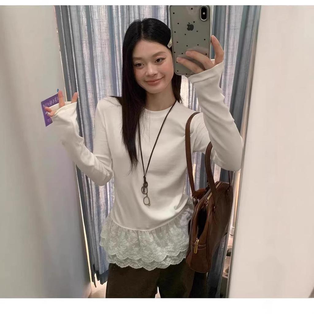 Korean Lace Thermal Slim-Fit Women's Long-Sleeve T-shirt, Autumn/Winter 2025 Style