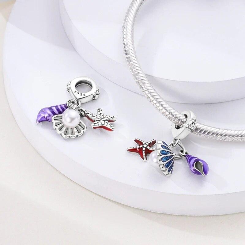 925 Sterling Silver Shell Pearl Starfish Pendant  Charm Bead Fits OriginalNew Bracelet Necklace Women DIY Fine Jewelry