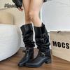 Fashion Hot Girls Footwear Street Style Pleated Long Boots Pointed Toe Slip on Black Khaki Knee-High Mid Heel Autumn Boots for Woman 35