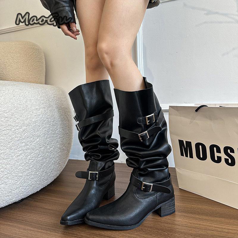 Fashion Hot Girls Footwear Street Style Pleated Long Boots Pointed Toe Slip on Black Khaki Knee-High Mid Heel Autumn Boots for Woman 35