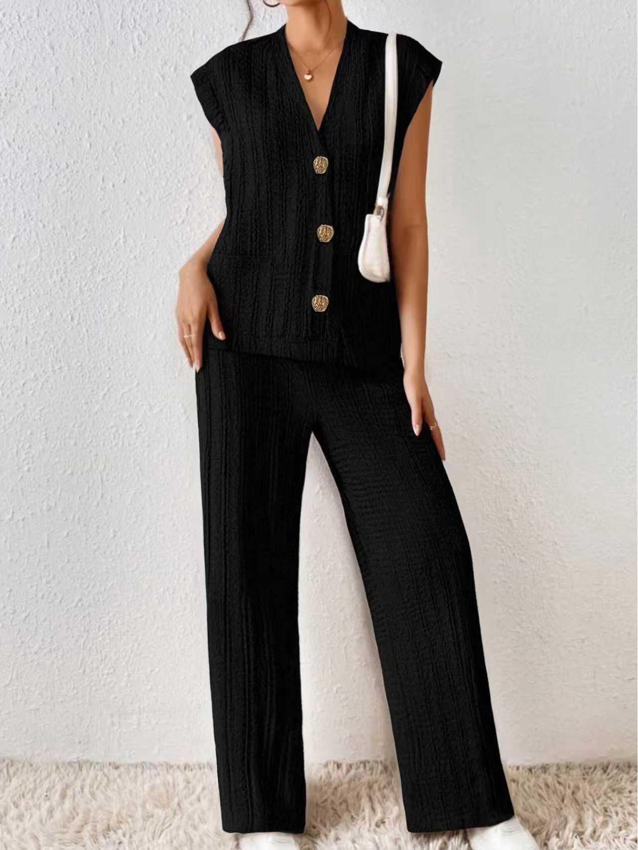 

Women s European & American Style Knit Two-Piece Set: Gold Button V-Neck Vest & Casual Loose Trousers Extra Large чорний