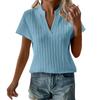 Női nyári új női felsők egyszínű V-nyakú csíkos rövid ujjú alkalmi póló