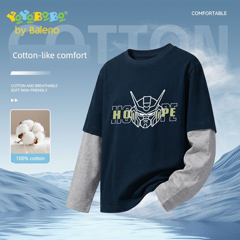 Baleno Ybb Series Boys  Long-Sleeved T-Shirt, Spring 2026 New Style, Children s Fake Two-Piece, Big Kids  Pure Cotton Top Navy Blue#Yb Mecha 110