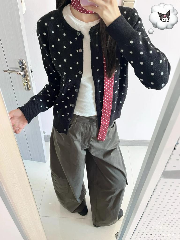 Temperament Contrasting Polka Dot Knitted Cardigan Women's Spring and Autumn Niche Lazy Style High-end Sweater Button Jacket Top