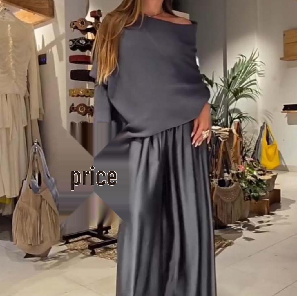 Elegant Off-the-Shoulder Top and Satin Wide-Leg Pants Two-Piece Set 2025