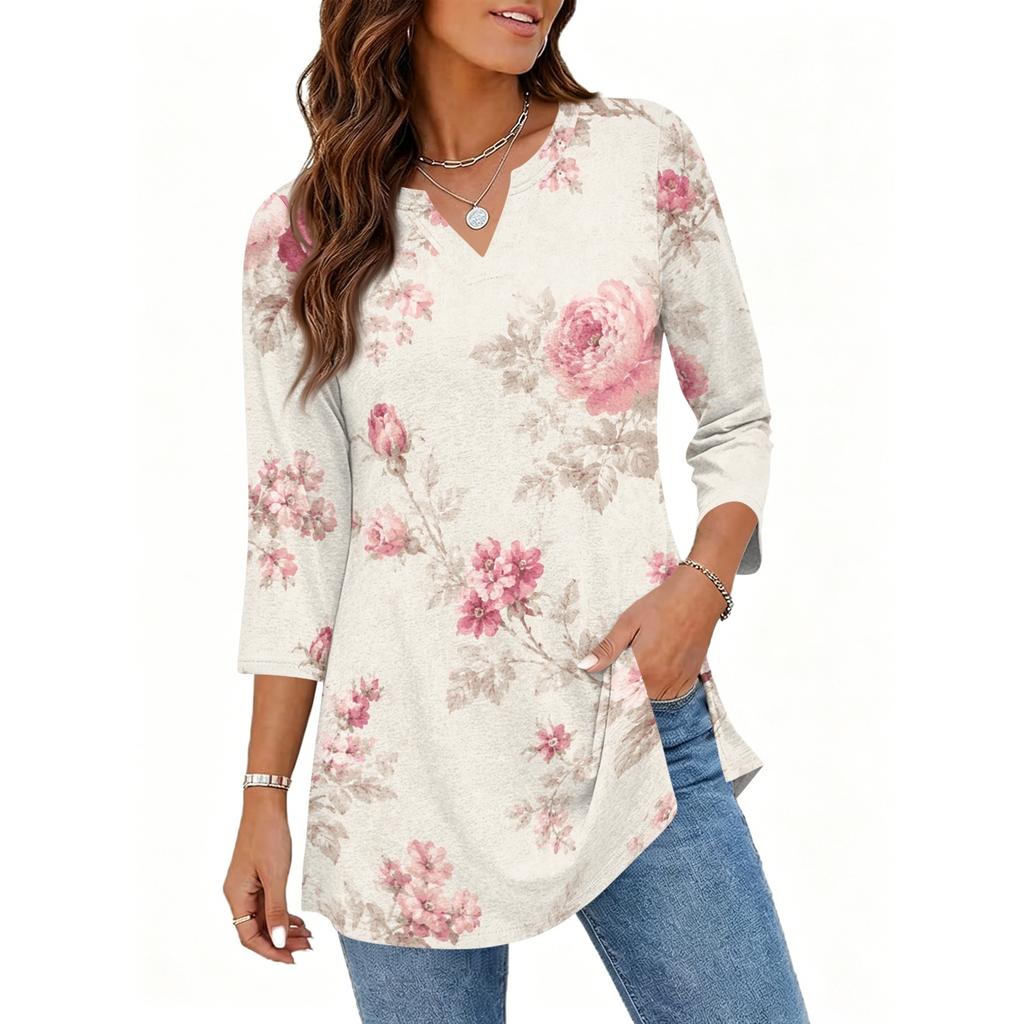 Women's Casual V Neck 3/4 Sleeve Pullover Tunic Top Floral Print Mid Length Blouse Lightweight Soft Fabric