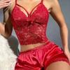 Set Pigiama da Donna 2 Pezzi Pizzo Scavato Scollo a V Schiena Nuda Senza Maniche Corto