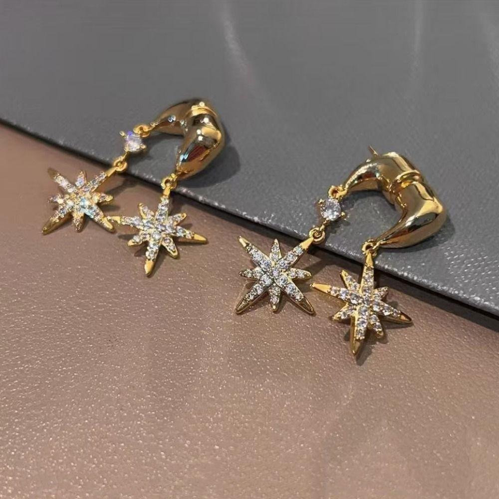 Fashionable Double-sided Star-shaped Earrings Shiny Studded Rhinestones Pendant Earrings Star Eardrop Gifts