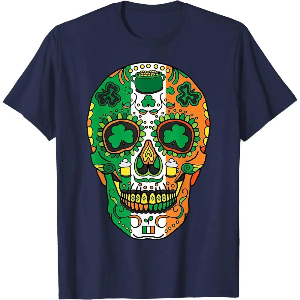 

Футболка Irish Sugar Skull ко Дню Святого Патрика, новые поступления 2023 года, мужская футболка, свободная футболка, хлопковая повседневная футболка на все времена года XXXXXL синий