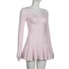 Pembe Kawaii Pilili Tek Parça Elbise Kadın Sevimli Seksi Uzun Kollu Düşük Bel Ince Elbiseler Kadın Tatlı Kıvrımlar Fırfır Moda Giyim 2024