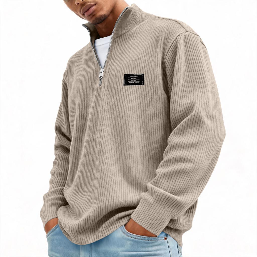 Men's Retro Corduroy Long Sleeve Shirt with Zip-Up Stand Collar Casual Top