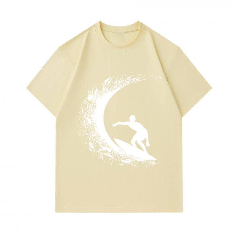 Men's 100% Cotton Crew Neck Short Sleeve T-Shirt, Cool Surfer Curl Wave Silhouette Print Casual Summer Breathable Tee Top For Daily Wear
