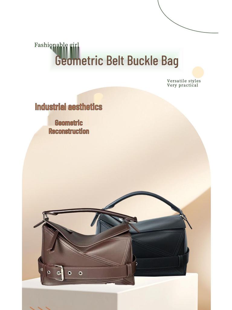 Damen Crossbody-Tasche aus echtem Leder mit geometrischem Patchwork und Biker-Stil Gürtelschnalle