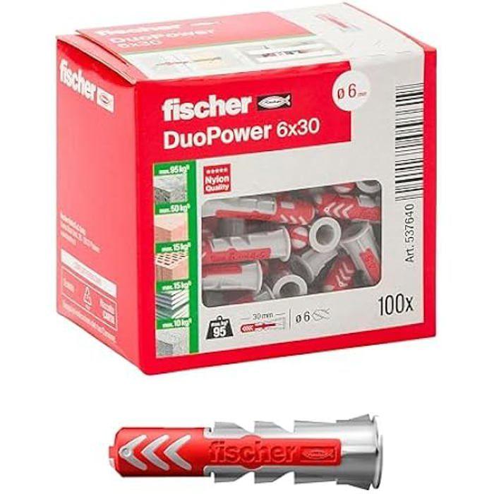 Chevilles Fischer 100 Duo - Diamètre 6mm, longueur 30mm - Pour mur plein, brique perforé, plaque de plâtre