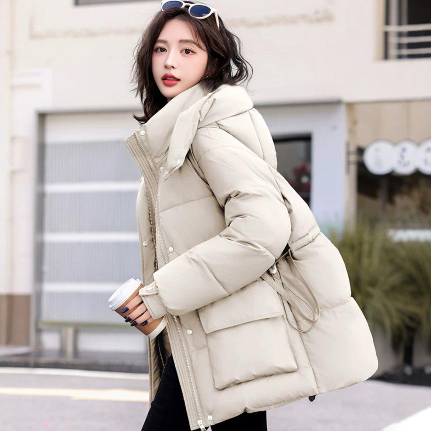 Waist hooded cotton clothes women's new medium and long loose thickened warm student winter coat tide