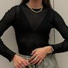 GMXIA Cut-out Knit Sweater Spring and Summer Sexy Slim Wool Round Neck Long-sleeved Thin Pit-stripe Knit Sweater