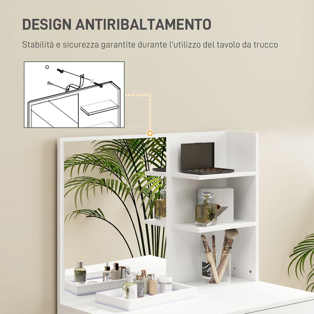 Toeletta con 3 Ripiani e Cassetti, Specchio e Sgabello, in Truciolato, 75x40x137 cm, Bianco