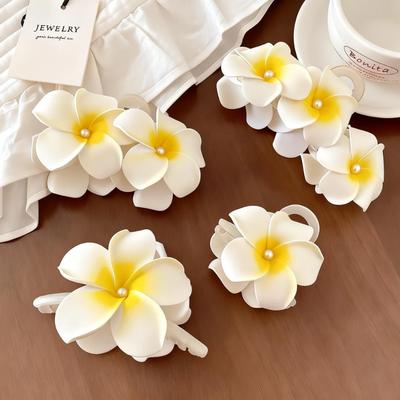 Plumeria Flower Hair Clips & Hair Ties Set, Cute Frangipani Hair Accessories for Women, Boho Beach Hair Decor for Vacation and D