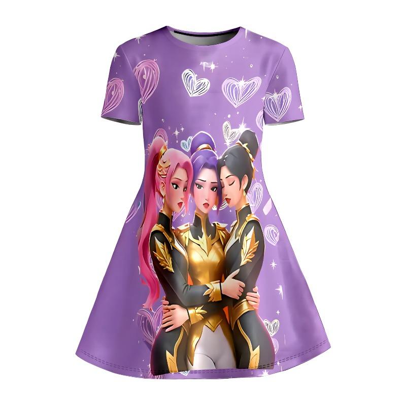 Mädchen Anime Mädchengruppe Bedrucktes T-Shirt Kleid, Kinderparty Lila Herz Lässiges Kleid Geeignet für Geburtstagsgeschenke