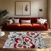 Red White Floral Bohemian Rug, Non-Slip Vintage Living Room Carpet, Soft Gray Background Floor Mat for Home Decor