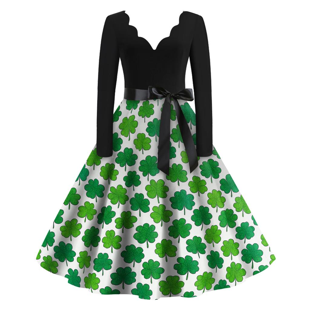 Damska Sukienka Codzienna Modna z Nadrukiem Dekolt V Retro Długi Rękaw