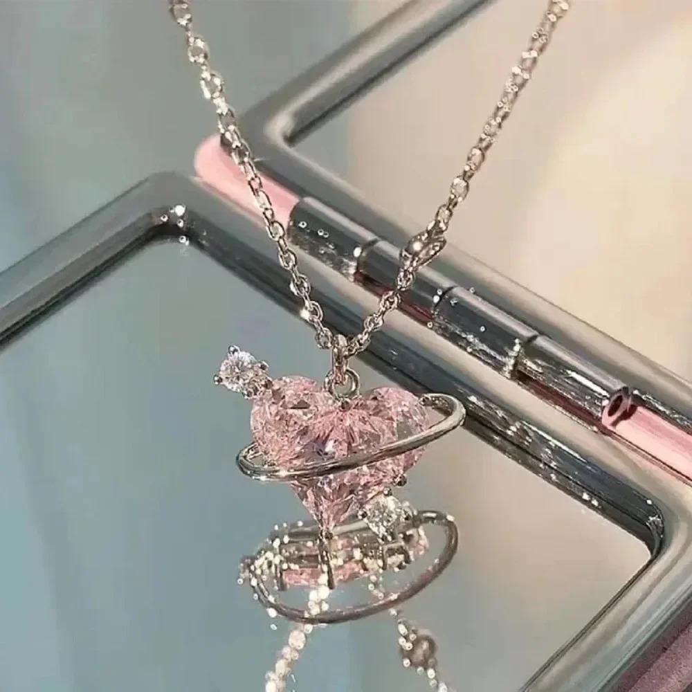 Pink Planet Heart Zircon Pendant Necklaces Women  Aesthetic Clavicle Chain Necklace Valentines Day Gift Y2K Jewelry