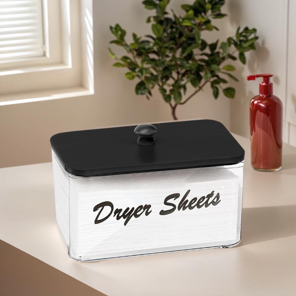 Acrylic Container Storage Box, Dryer Sheet Holder, Clear Tissue Box Holder with Black Lid for Laundry Room Organization
