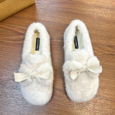 One-pedal Beanie Shoes Women's Winter Velvet Cotton Shoes 2025 New Bow Mink Hairy Shoes Women's Outer Flat Shoes